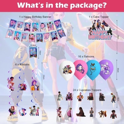 Decoração de festa com banner Happy Birthday, topper de bolo, balões, fitas e toppers para cupcakes com personagens animados.