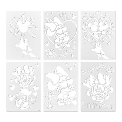 Moldes para stencil brancos com desenhos de Mickey e Minnie Mouse e textos em inglês.