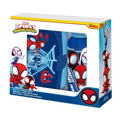 Conjunto de roupa de cama infantil Marvel Spidey Amazing Friends azul, vermelho e branco em caixa com janela