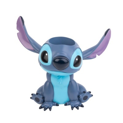 Figura azul do personagem Stitch com grandes orelhas lilás em fundo branco