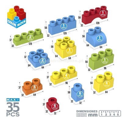 Blocos de construção Color Block coloridos com etiquetas e dimensões em mm.