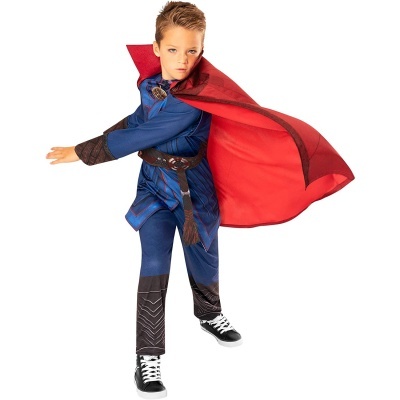 Fato de super-herói infantil azul e preto com capa vermelha