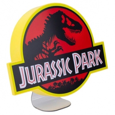 Luminária de mesa com logótipo Jurassic Park vermelho, preto e amarelo