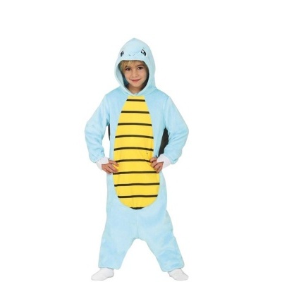 Fato infantil azul com barriga amarela e riscas pretas com capuz e olhos desenhados