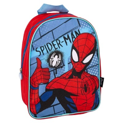 Mochila infantil vermelha e azul com estampa do Spider-Man fazendo sinal de polegar para cima