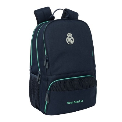 Mochila desportiva preta com logótipo Real Madrid e texto