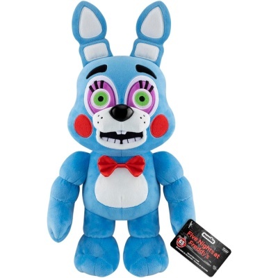 Pelúcia azul personagem Five Nights at Freddys com orelhas altas e laço vermelho