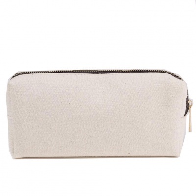 Bolsa de tecido bege claro com fecho de correr metálico