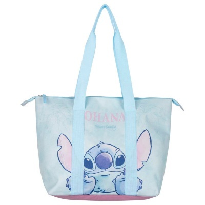 Mala tote azul com imagem do Stitch e texto 'OHANA means family'