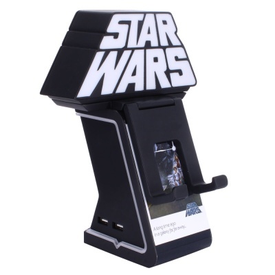 Suporte para telemóvel Star Wars preto com letras brancas e portas USB