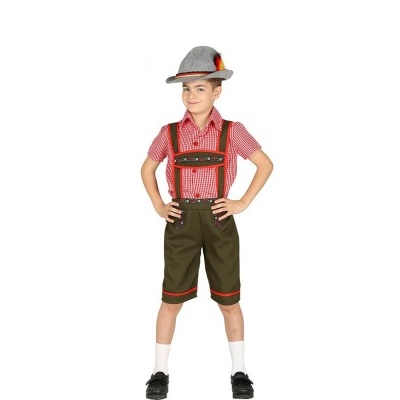 Roupa tradicional bávara para criança com calções verdes, camisa xadrez vermelha e branca e chapéu cinzento com pena