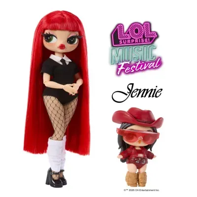 Brinquedo LOL Surprise Jennie com cabelo vermelho e mini figura com chapéu vermelho e óculos