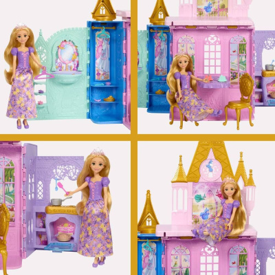 Boneca princesa com castelo de brinquedo colorido e acessórios interiores