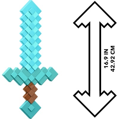 Espada de brinquedo pixelada azul-claro e castanha com medida ao lado