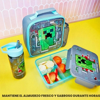 Conjunto lancheira, garrafa e caixa com design Minecraft e personagem verde pixelado