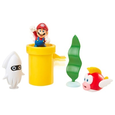 Figura do personagem Mario com cano amarelo e figuras de polvo branco, planta verde e peixe vermelho