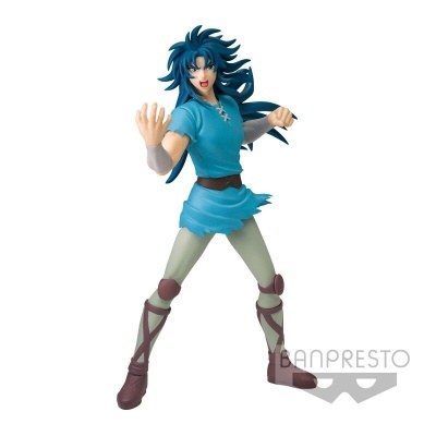 Figura de ação de personagem masculino com cabelo azul e túnica azul