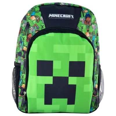 Mochila verde e preta Minecraft com estampa pixelada e bolsos laterais.