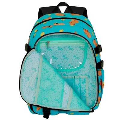 Mochila azul com padrão de patinhos e ursos, interior com bolsos transparentes e texto POP!