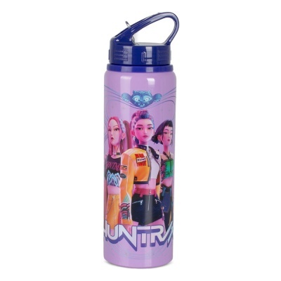 Garrafa de água roxa com personagens femininas e tampa azul