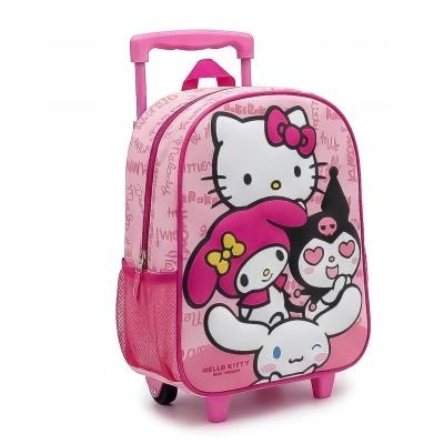 Mochila rosa com personagens da Sanrio, alça telescópica e bolso lateral em tela