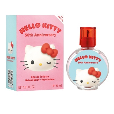 Perfume Hello Kitty 50th Anniversary com frasco e caixa rosa e azul