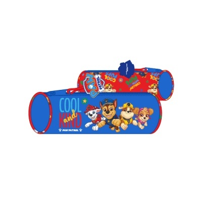 Estojo cylindrical azul e vermelho com personagens da Patrulha Pata e texto COOL kind