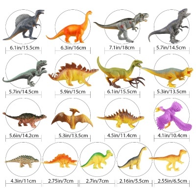 Coleção de 16 brinquedos de dinossauros coloridos com medidas indicadas
