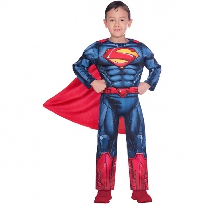 Fato de criança do Super-Homem com capa vermelha e estampa musculada azul e vermelha