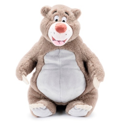 Urso de peluche castanho claro com barriga cinzenta e nariz rosa