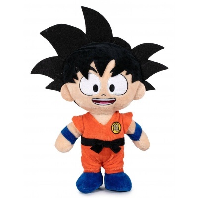 Pelúcia de Goku com roupa laranja e cabelo preto pontiagudo.