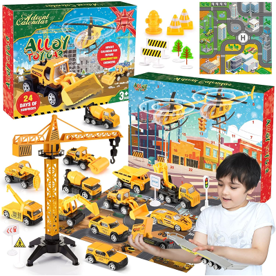 Brinquedos de construção amarelos com calendário de advento Alloy TOYCAR e menino a brincar