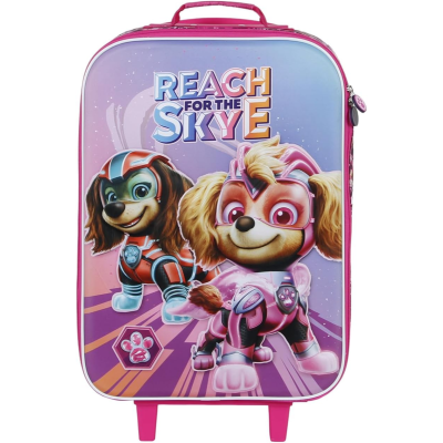 Mala de viagem infantil rosa com personagens de desenho animado e texto 'REACH FOR THE SKYE'
