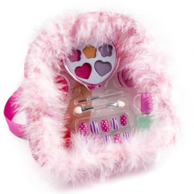 Conjunto infantil de maquilhagem com penas cor-de-rosa e unhas postiças coloridas