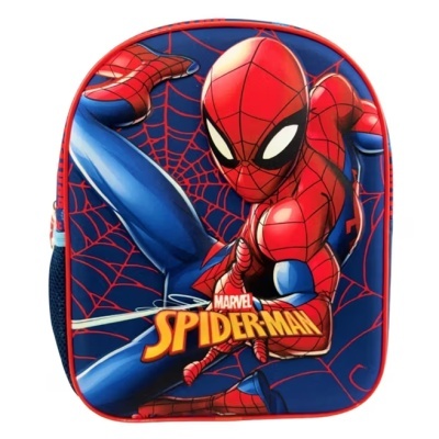 Mochila azul e vermelha com Spider-Man e teias de aranha