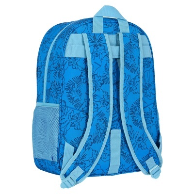 Mochila azul com padrão floral, alças acolchoadas e bolso lateral em malha