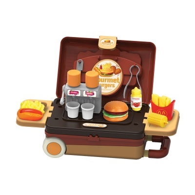 Brinquedo portátil tipo churrasco com acessórios de hambúrguer e batatas fritas coloridos