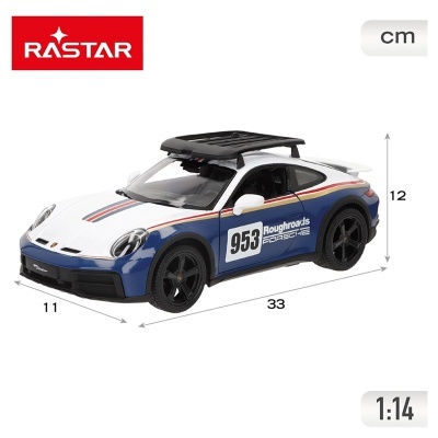 Miniatura de carro Porsche nas cores azul, branco e vermelho com número 953 e decoração Roughroads