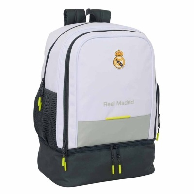 Mochila desportiva Real Madrid branca e preta com fechos amarelos e bolso lateral em rede preta