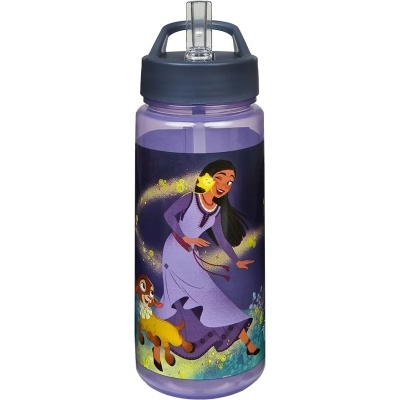 Garrafa de água roxa com ilustração de mulher e cão