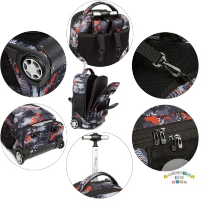 Mochila de rodinhas com padrão camuflado cinza preto e laranja