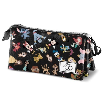 Estojo preto com padrão colorido de personagens Disney e etiqueta com texto DISNEY 100 YEARS OF WONDER