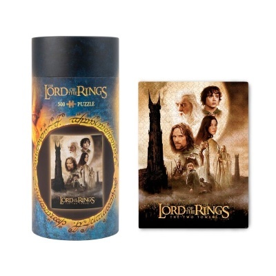 Puzzle The Lord of the Rings com 500 peças e embalagem cilíndrica azul e dourada