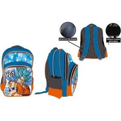 Mochila azul e laranja com personagem de anime e detalhes em mesh preto.