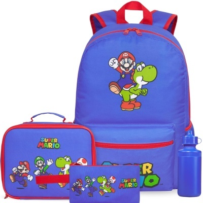 Mochila, estojo, lancheira e garrafa azul com estampas do Super Mario