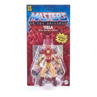 Boneca Masters of the Universe Teela em embalagem blister com fundo vermelho