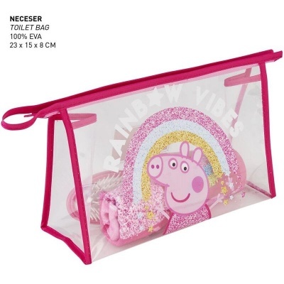 Neceser transparente com bordas rosa e personagem Peppa Pig com arco-íris brilhante