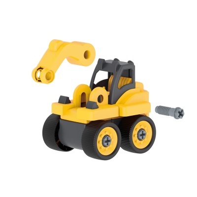 brinquedo miniatura trator amarelo preto com peça destacada e parafuso