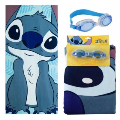 Toalha com personagem Stitch e óculos de natação azuis