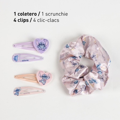 Scrunchie rosa claro e 4 clips clic-clac com desenhos do Stitch da Disney
